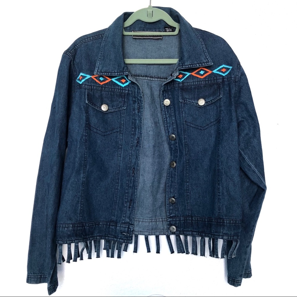 Vintage Southwestern Embroidered Boho Fringe Denim Jacket - Picture 6 of 6